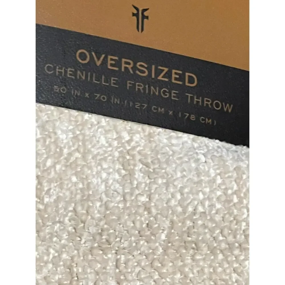 FRYE Throw Blanket Woven Chenille With Fringe Ivory Cream Beige 50 x 70
